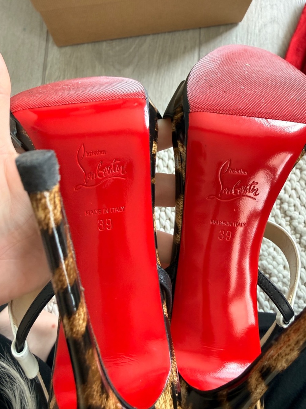 Christian Louboutin Leopard Print Stiletto Sandals with Black and Cream Straps - Picture 11 of 13